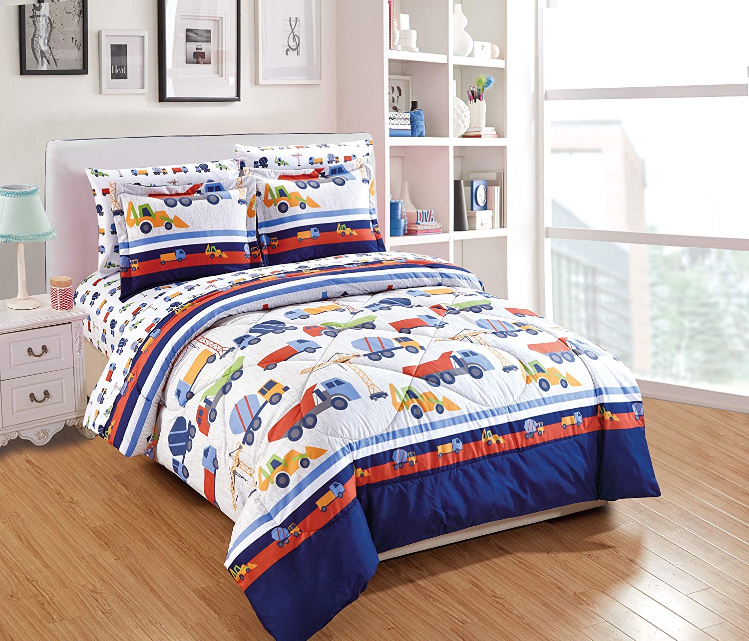Mk Home 7pc Full Size Comforter Set for Boys Trucks 