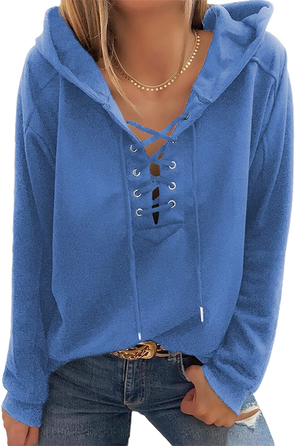 FARYSAYS Women's 2022 Casual Hoodies V Neck Lace Up Criss Cross Long Sleeve  Draw