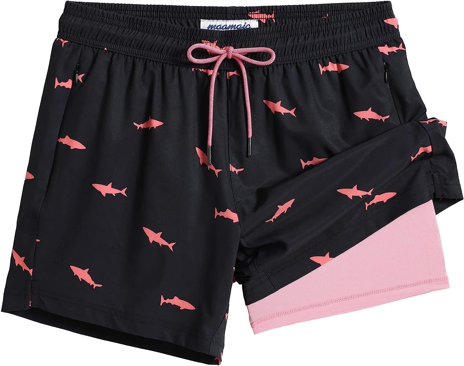 5.5 Inseam 2 in 1 Stretch Short Liner Navy Flamingo Swim Shorts – maamgic