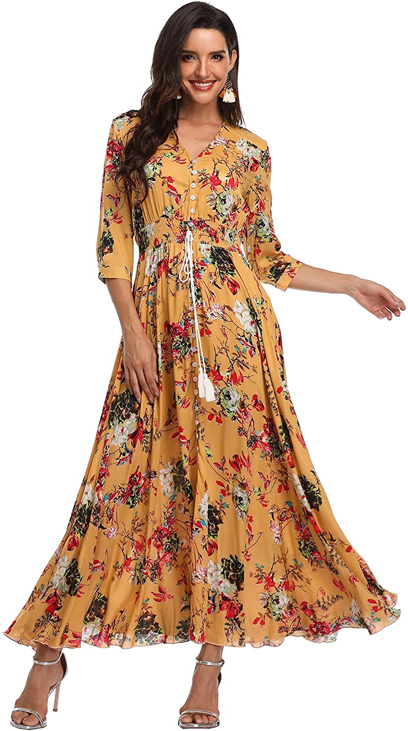 Summer Floral Print Maxi Dress Women Button Up Split Long Flowy Bohemian  Beach Party Dresses
