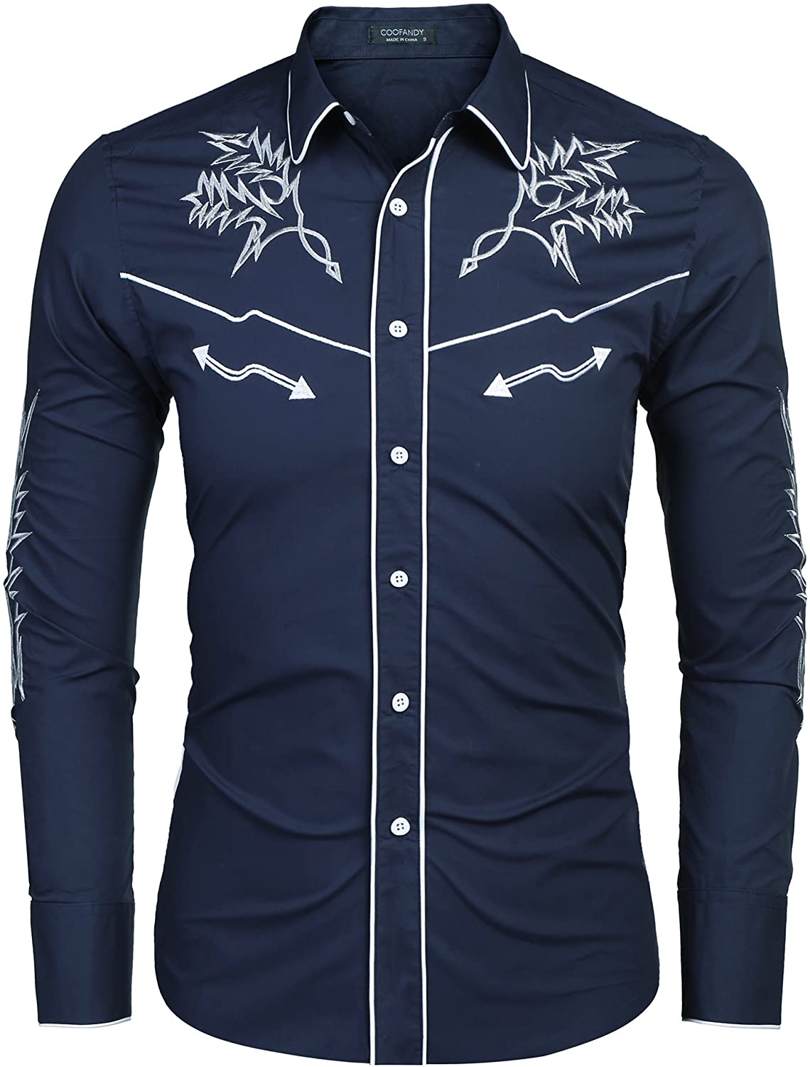 COOFANDY Mens Western Cowboy Shirt Embroidered Denim Long Sleeve Casual ...