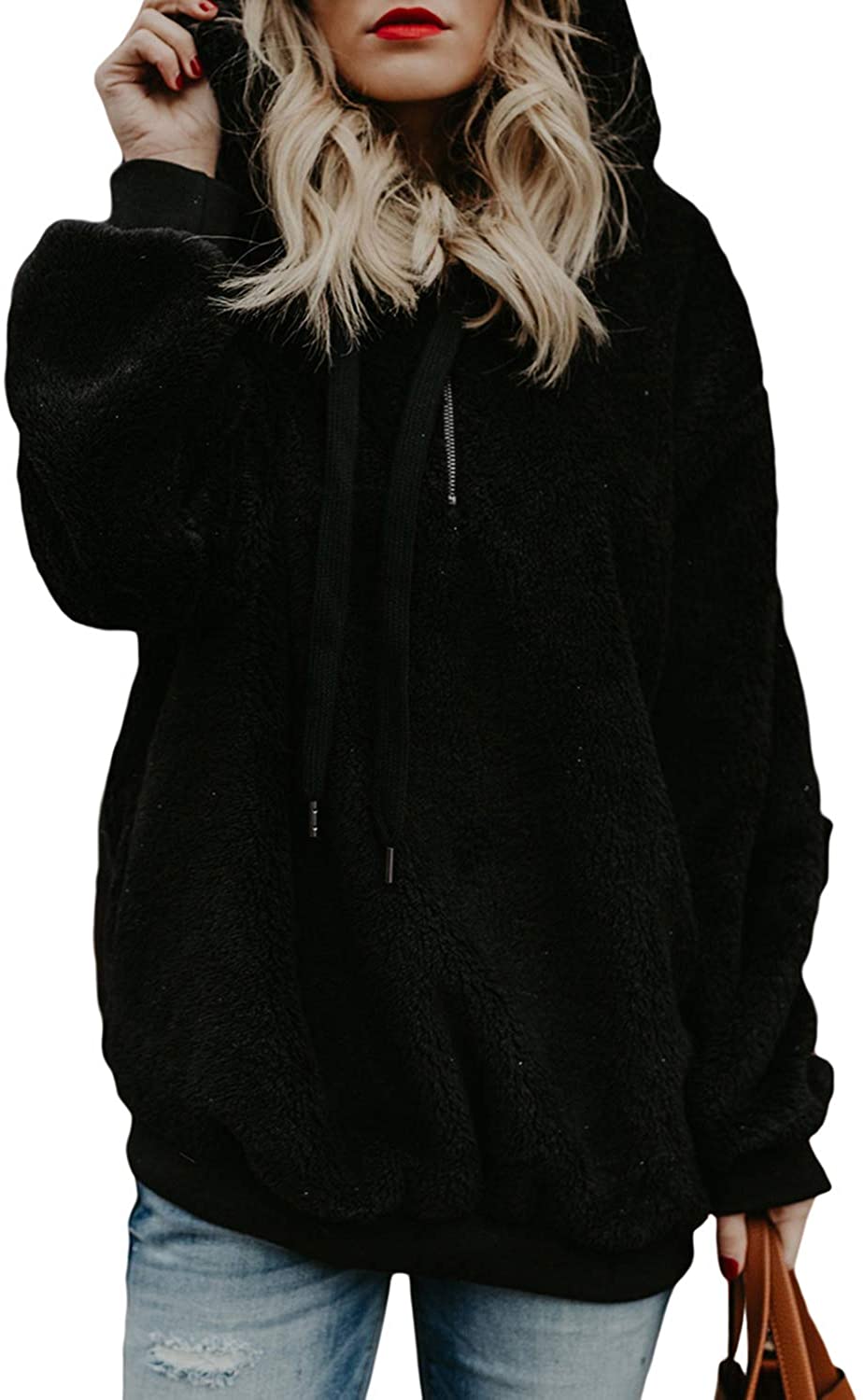 Aleumdr Womens Oversized Warm Fuzzy Hoodies Cozy Loose 1/4 Zipper Pullover Hooded Sweatshirt Outwear with Pockets 