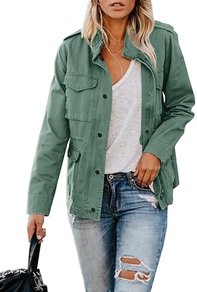 Womens Military Jacket Zip Up Snap Buttons Lightweight Utility Anorak Field  Safa