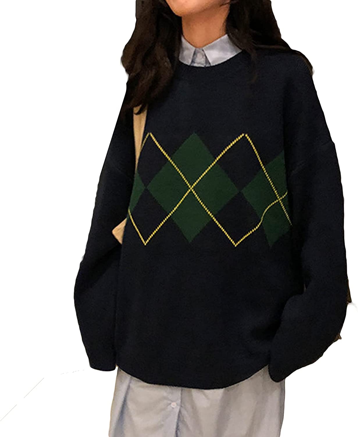 Women Argyle Plaid Knit Sweater Preppy Long Sleeve Pullover Tops Teen Girls  Retr