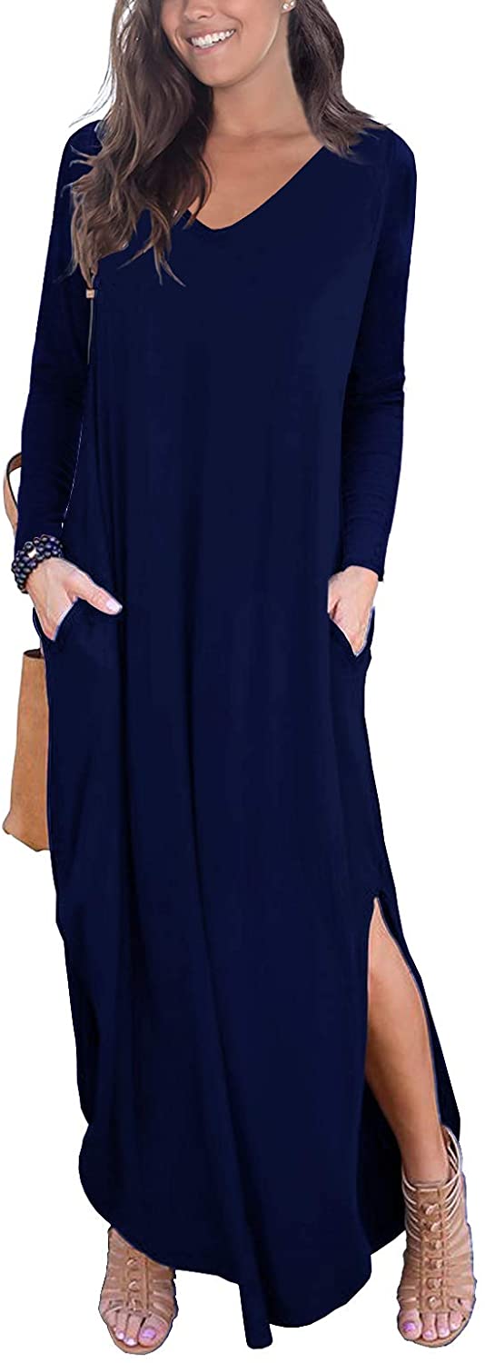GRECERELLE Women's Casual Loose Pocket Long Dress Long Sleeve Split Maxi  Dresses | eBay
