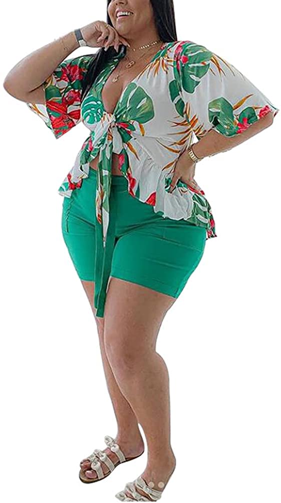 Plus Size 2 Piece Outfits for Women Summer Boho Ruffle Crop Top Shorts Set  Flora