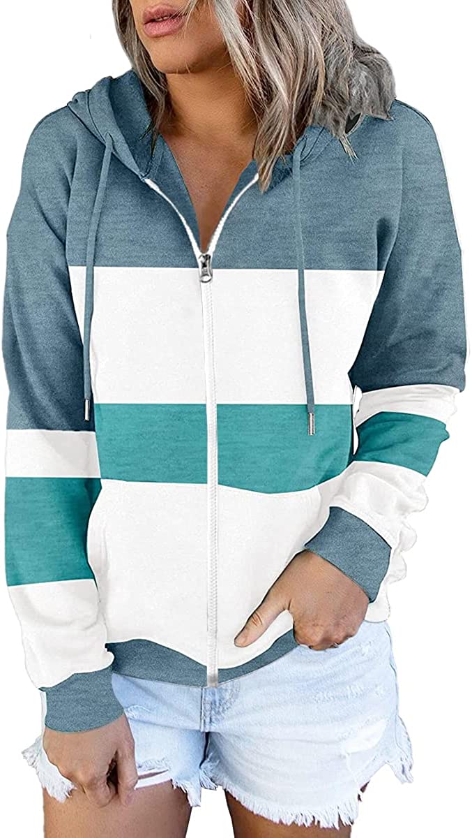 ETCYY Women's Color Block Zip Up Hoodie Sweatshirt Long