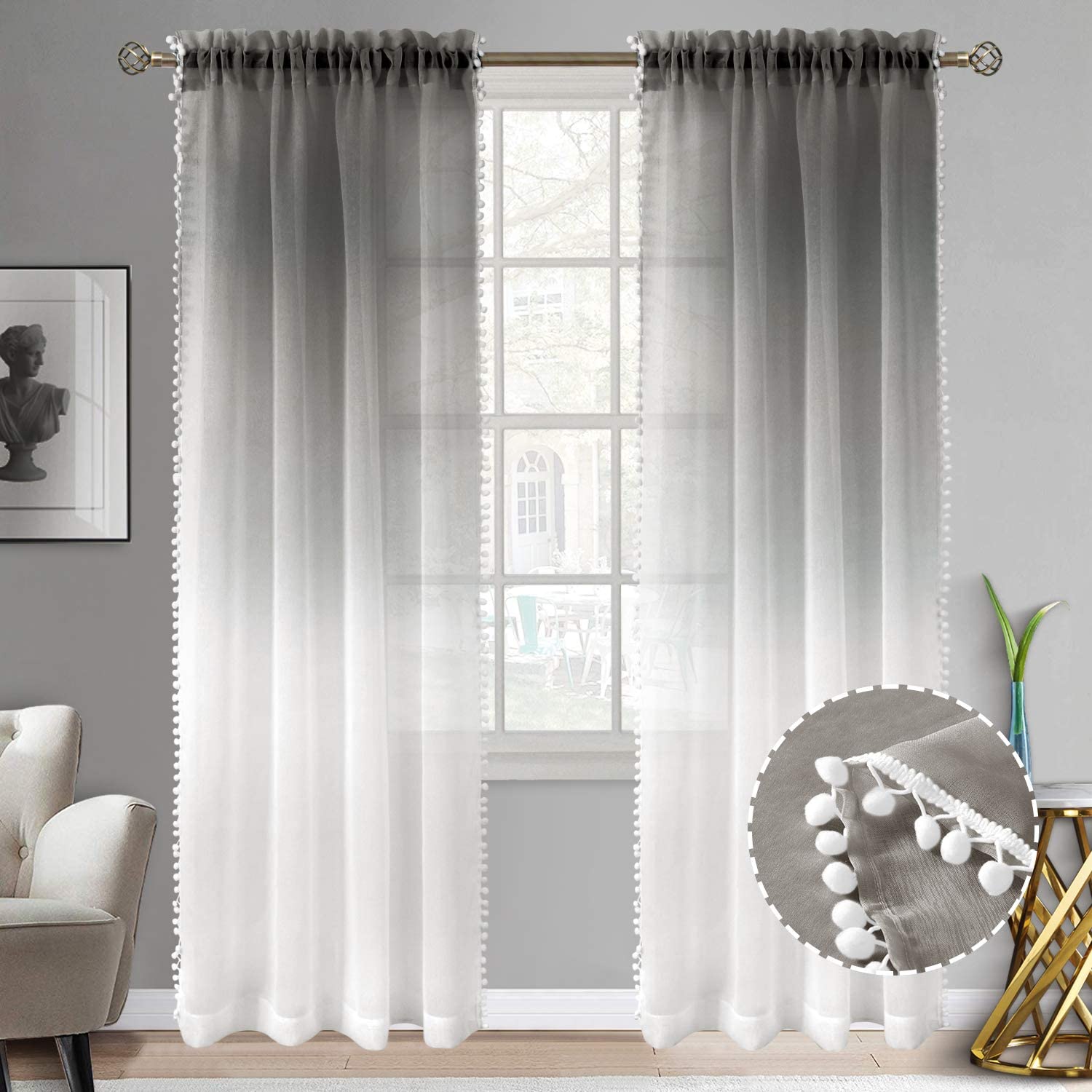 Bgment Ombre Sheer Curtains With Pom, Ombre Sheer Curtains