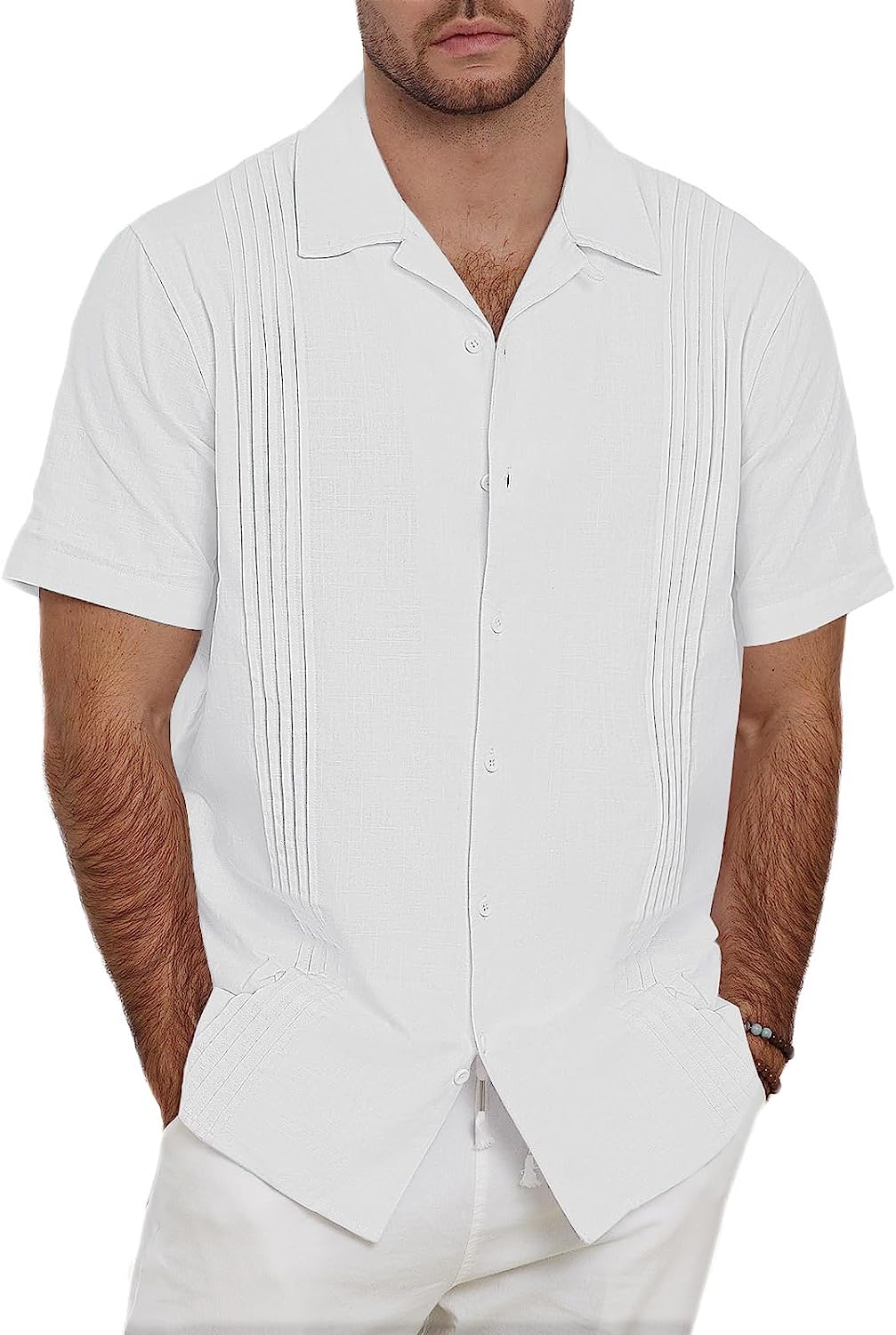JEKAOYI Button Down Linen Short Sleeve Shirts for Men Casual Pleated ...