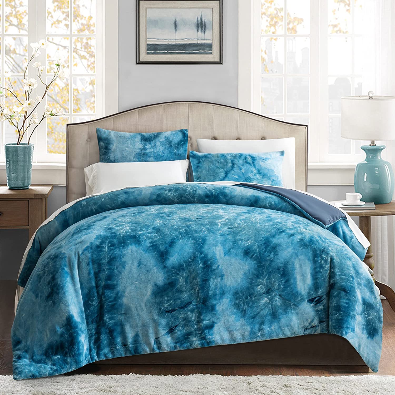 SHALALA Comforter Set Bed-in-A-Bag 7-Piece Cationic Dyeing Comforter & Sheet Set with 14 Deep Pocket Lightweight for All Season King Blue Grey 