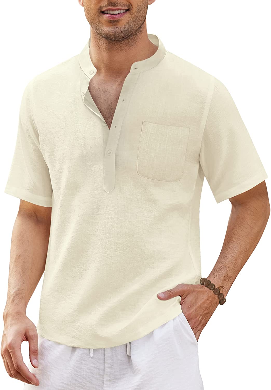 Men's Natural Collarless Cotton Short Sleeve Shirt 