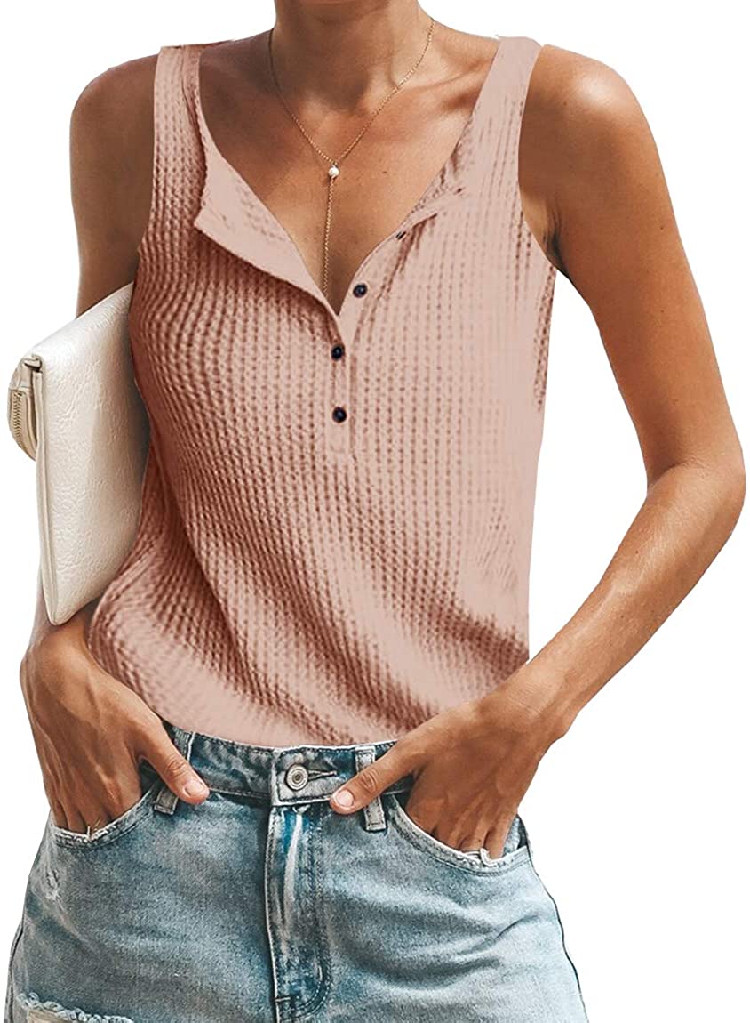 Betory Tank Tops for Women Summer Sleeveless Henley V-Neck Waffle Knit Button Up Shirts Loose Blouses Vests 