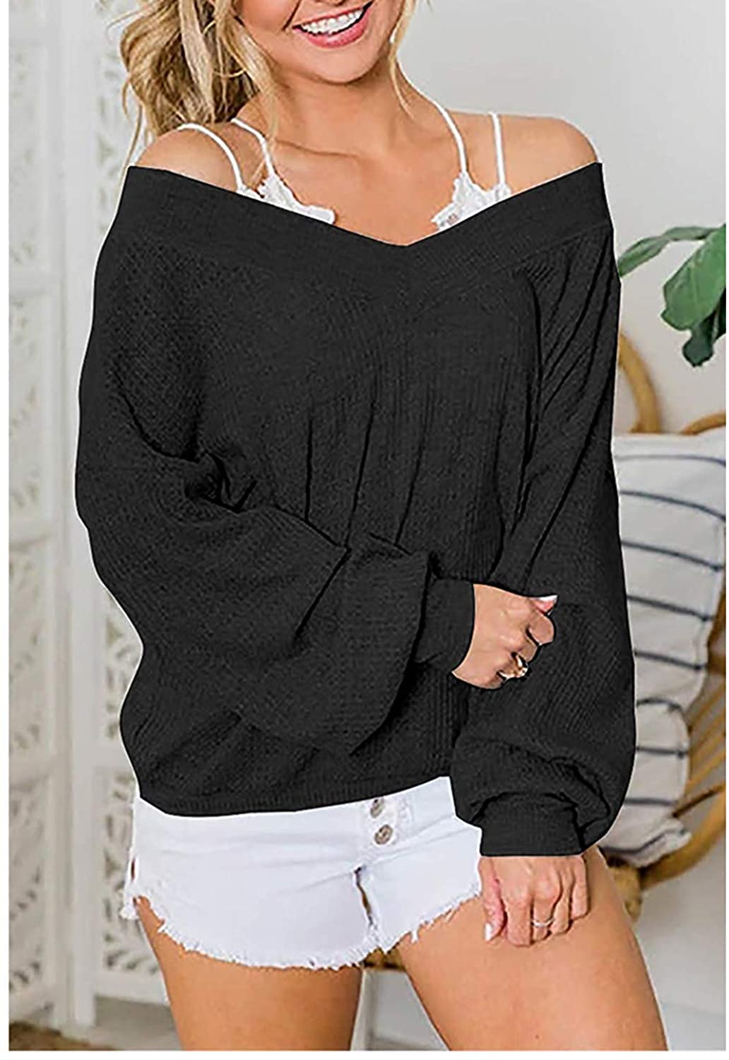 Reachme Women S Oversized Off Shoulder Pullover Tops Long Sleeve Loose Fit Waffl Ebay