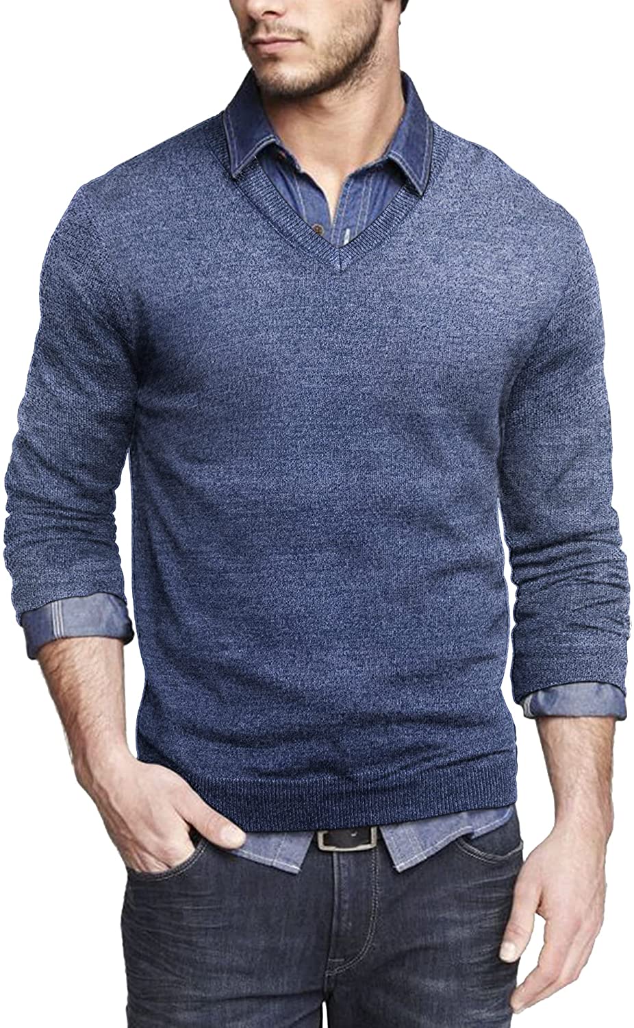 COOFANDY Men Casual V Neck Sweater Ribbed Knit Slim Fit Long