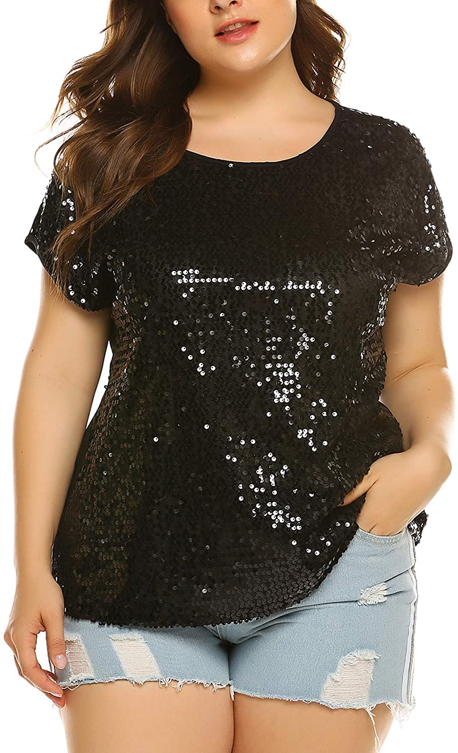 thumbnail 8 - IN&#039;VOLAND Women&#039;s Sequin Tops Plus Size Round Neck Sparkle Top Shimmer Glitter S