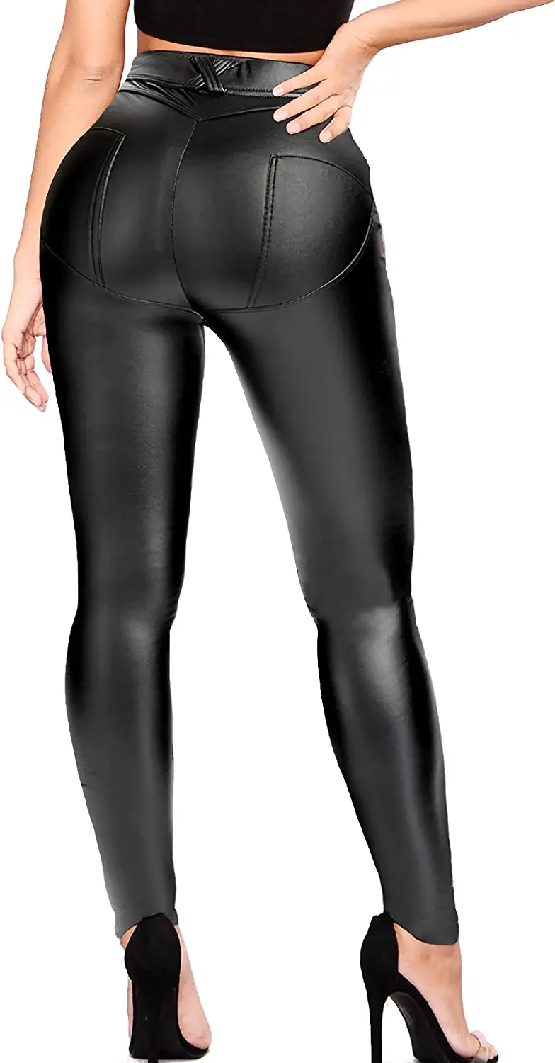  Womens Faux Leather Leggings Pants PU Elastic Shaping Hip  Push Up Black Sexy Stretchy High Waisted Tights XL