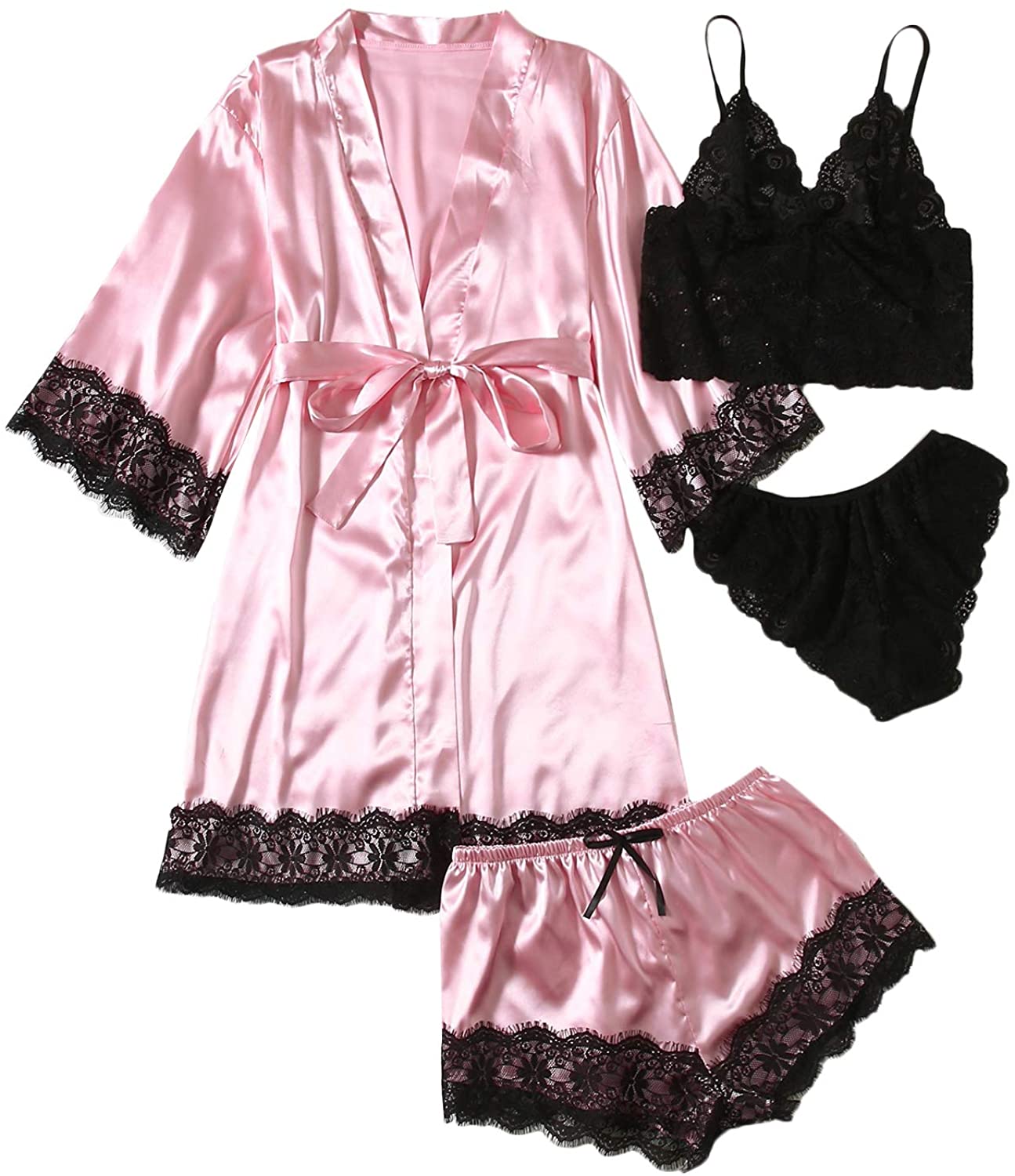 SOLY HUX Women's Sleepwear 4pcs Floral Lace Trim Satin Cami Pajama Set ...
