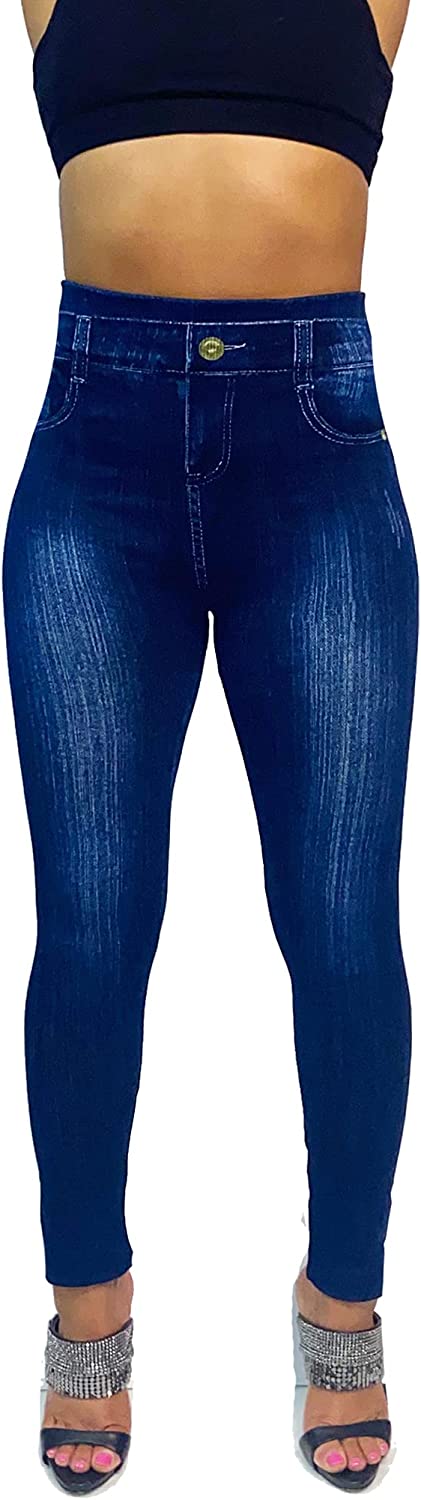 CLOYA Women's Denim Print Fake Jeans Seamless Full Length Leggings