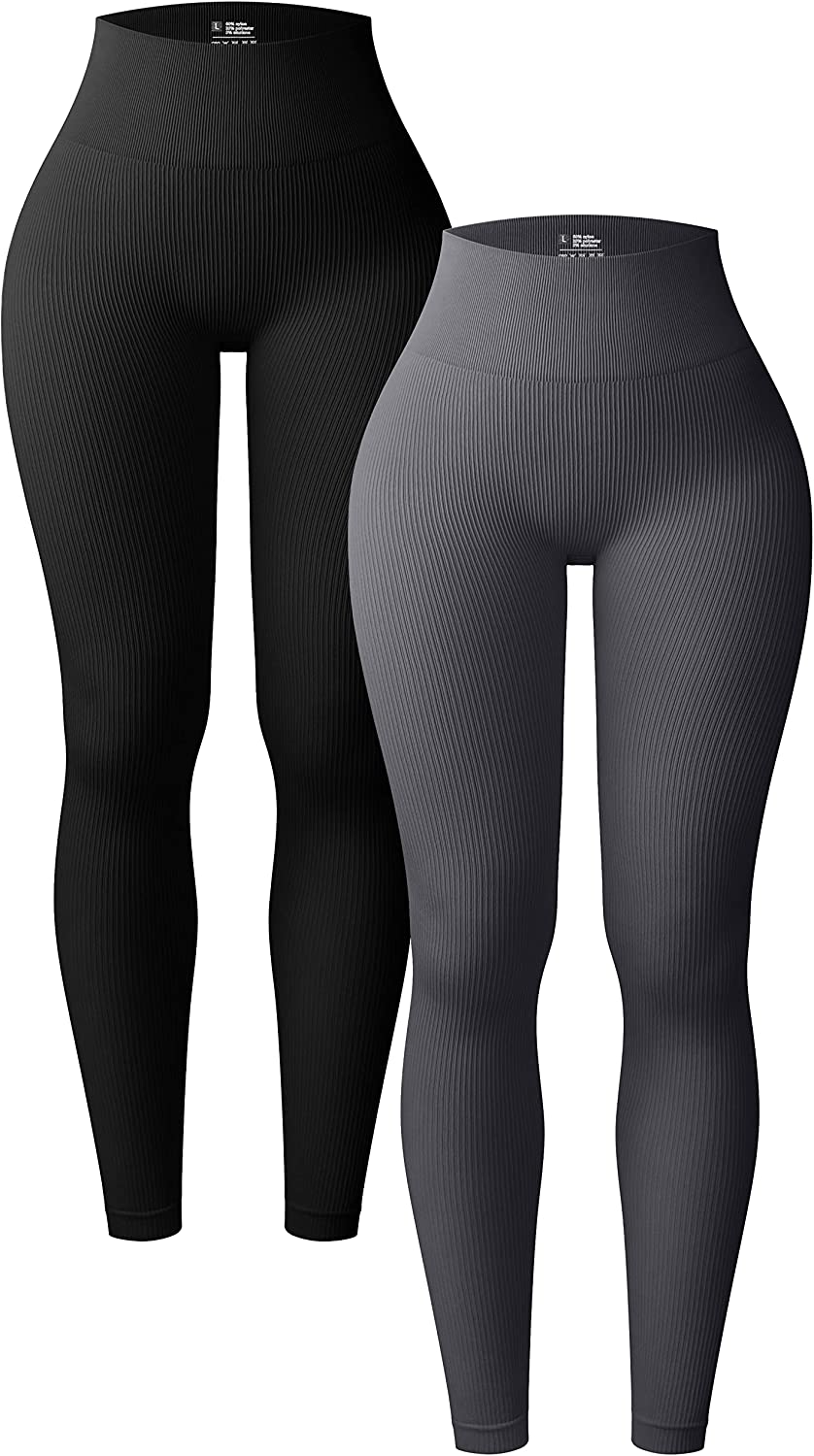 OQQ Women's 2 Piece Yoga Leggings Ribbed Seamless Workout High Waist  Athletic Pa
