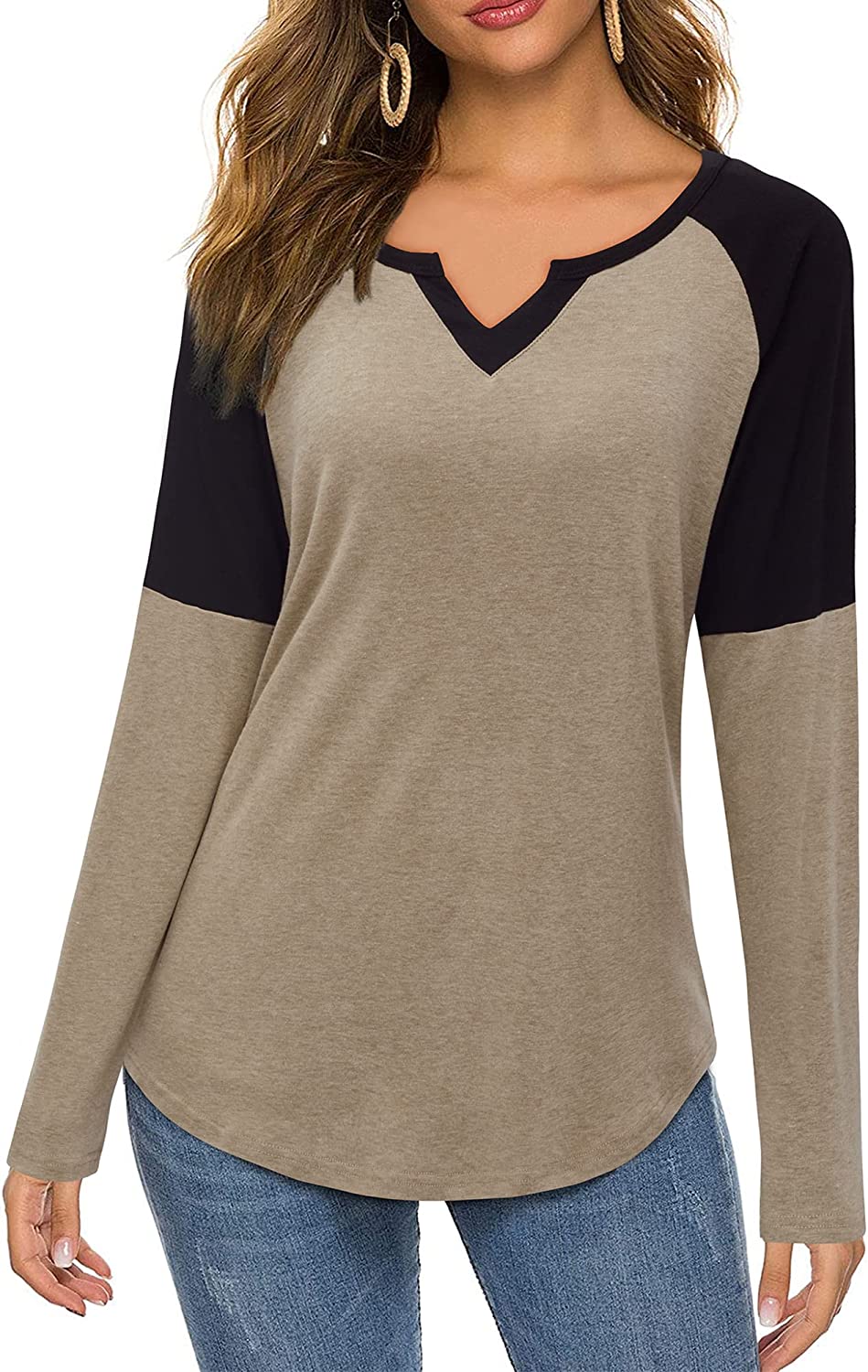 LAISHEN Women's Raglan Long Sleeve T-Shirt Color Block Henley V