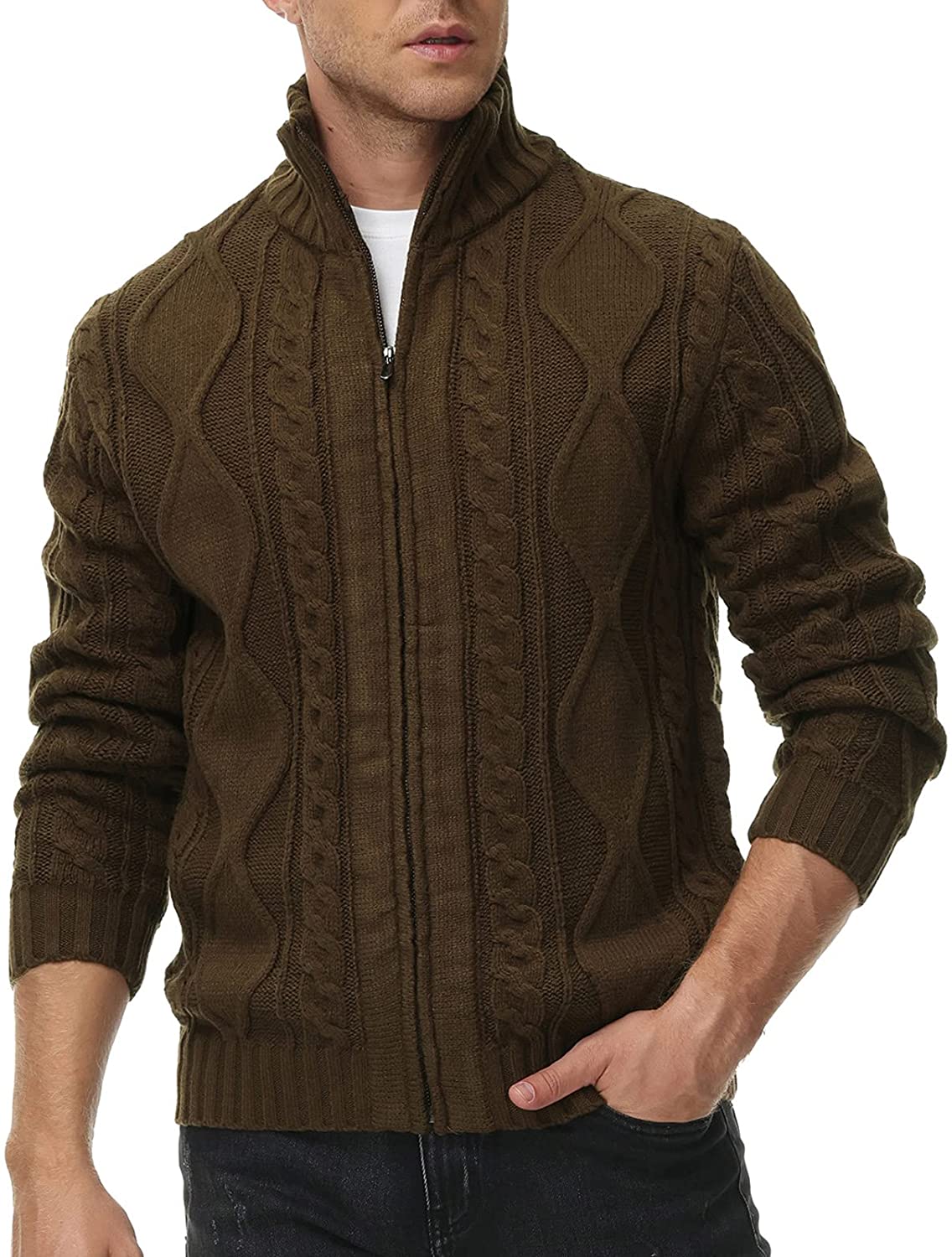 PAUL JONES Mens Stand Collar Cable Knitted Button Cardigan Sweater