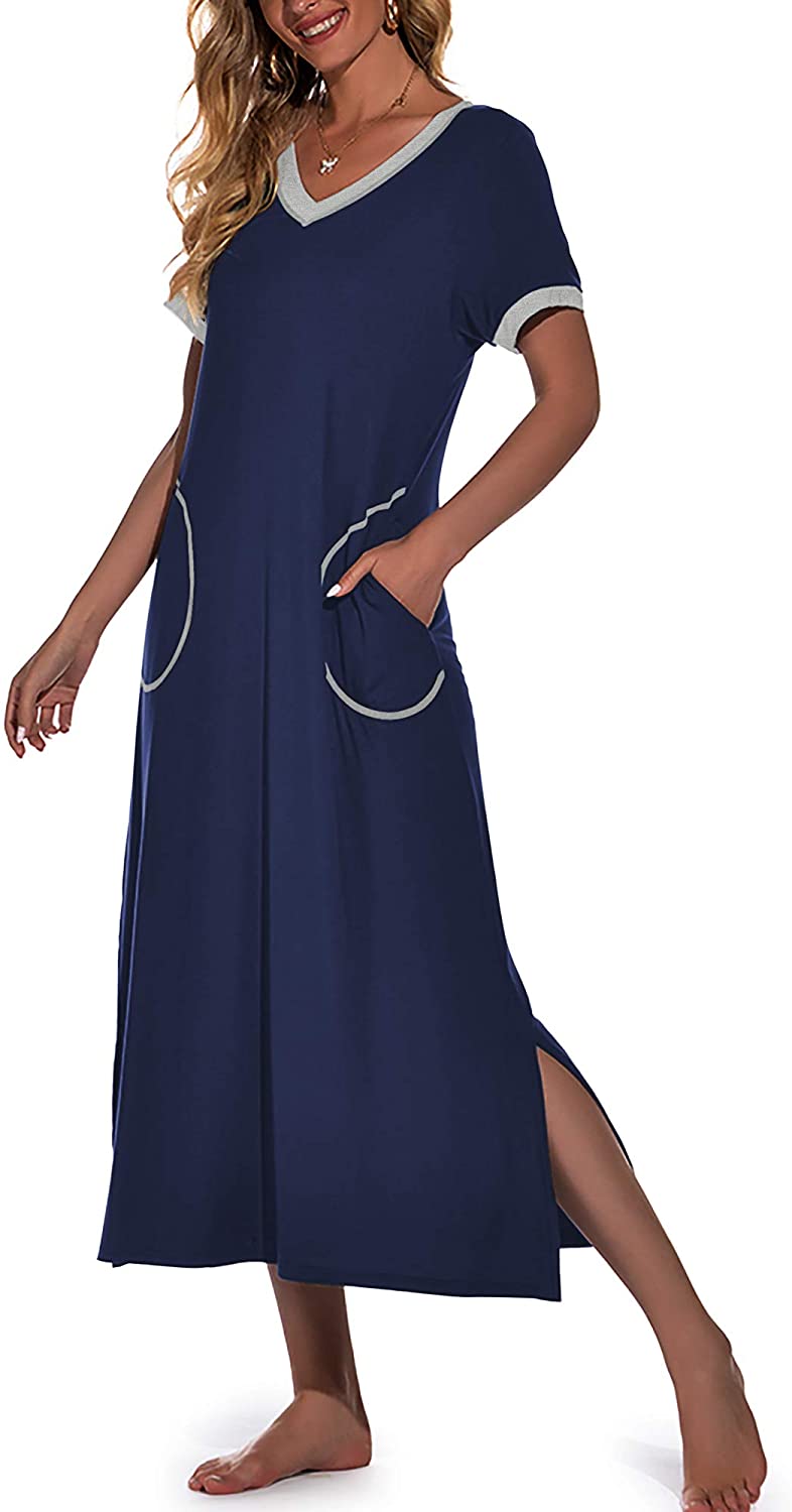 PrinStory Womens Long Nightgown Short Sleeve Nightshirt V-Neck Soft ...