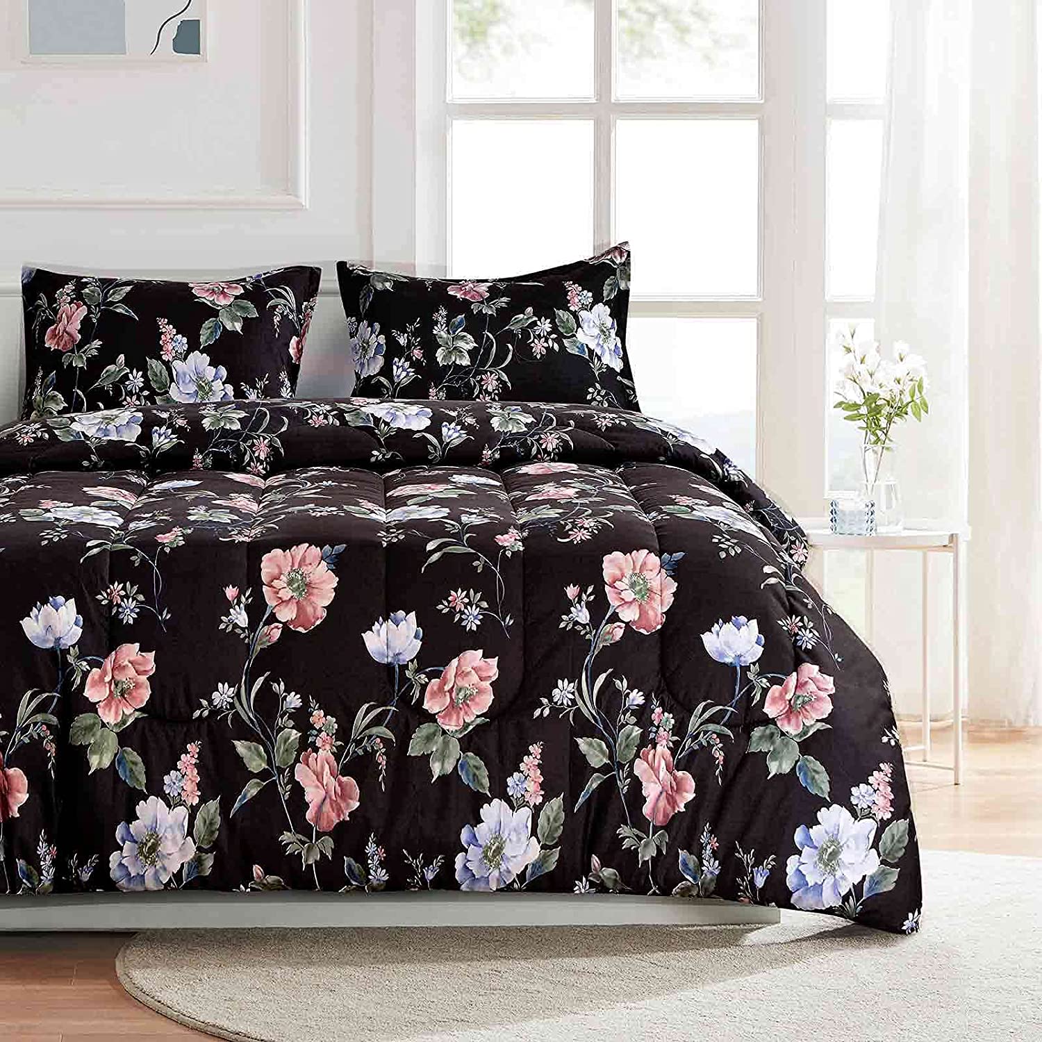 Nanko Queen Comforter Set 3 PC Grey Floral & White Flower Leaf 