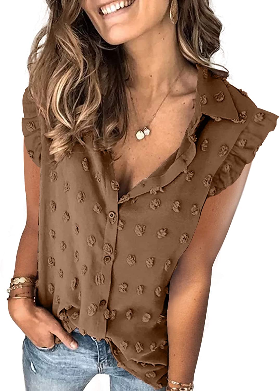 Astylish Womens Pompom Button Down Shirt Casual Blouse Tops