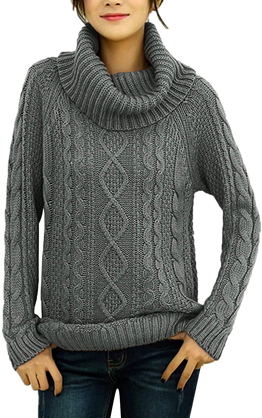 v28 Womens Korean Design Turtle Cowl Neck Ribbed Cable Knit Long Sweater Jumper