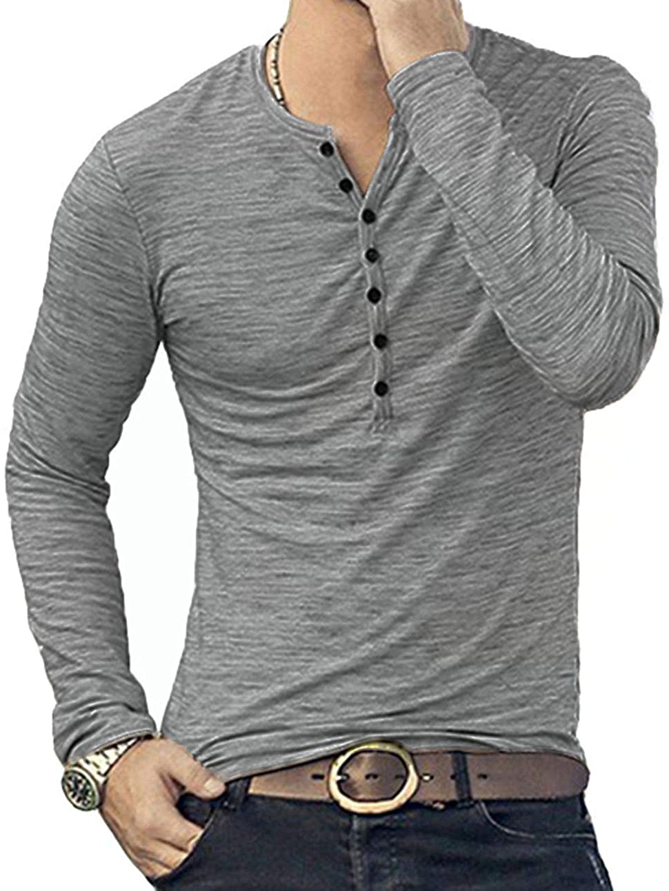 KUYIGO Mens Casual Slim Fit Basic Henley Long/Short Sleeve T-Shirt
