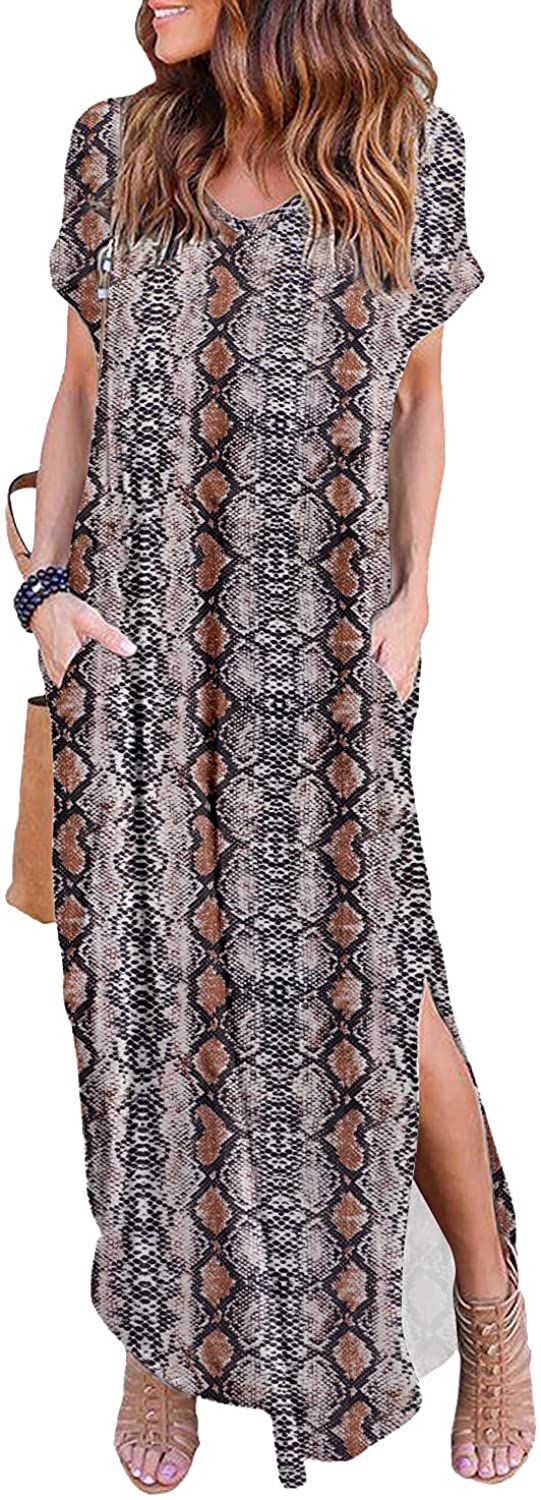 HUSKARY Women's Summer Maxi Dress Casual Loose Pockets Long Dress Short  Sleeve S | eBay