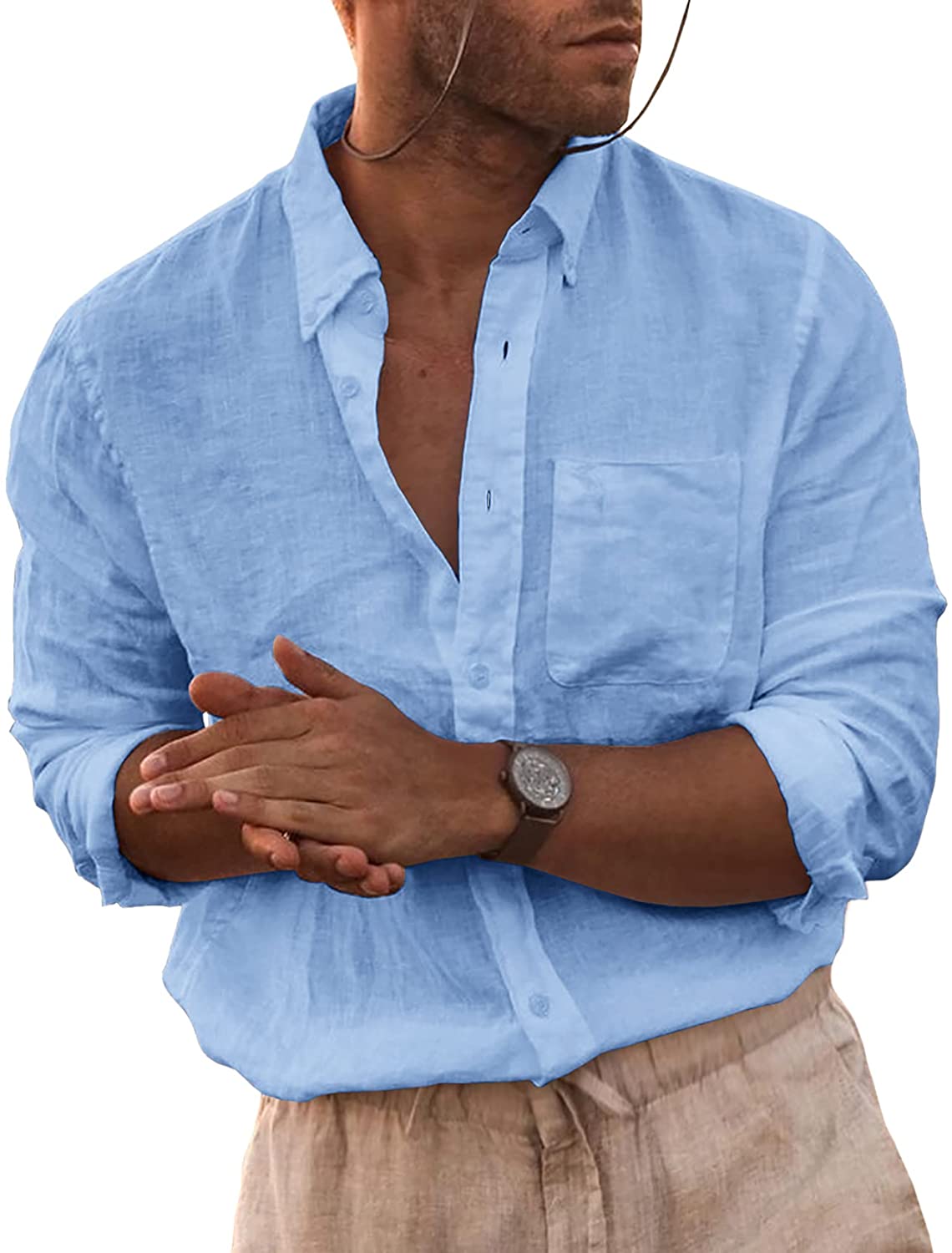 Lakimani Mens Long Sleeve Linen Shirt Summer Loose Fit Lightweight Casual  Button