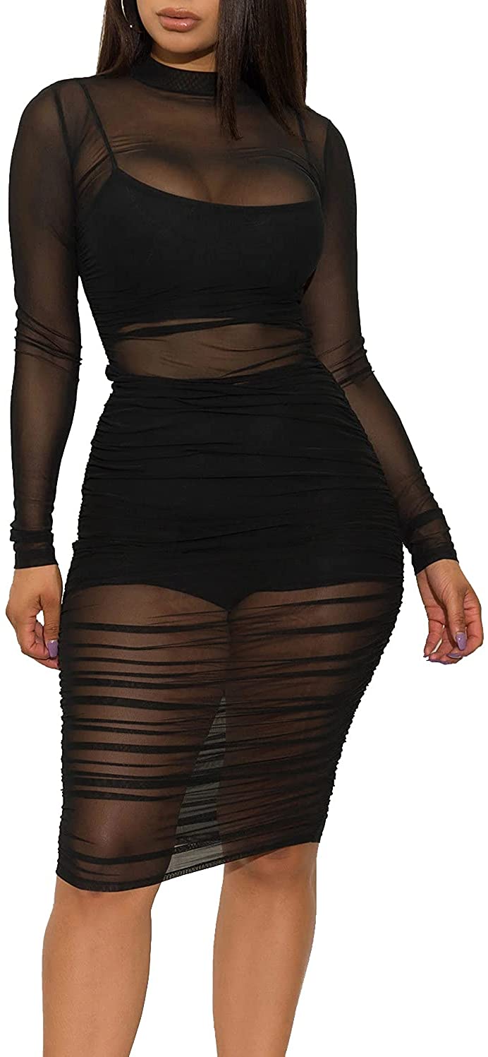 LYANER Women's Mesh Dress Long Sleeve Bodycon 3 Piece Outfits with Cami  Shorts : : Clothing, Shoes & Accessories