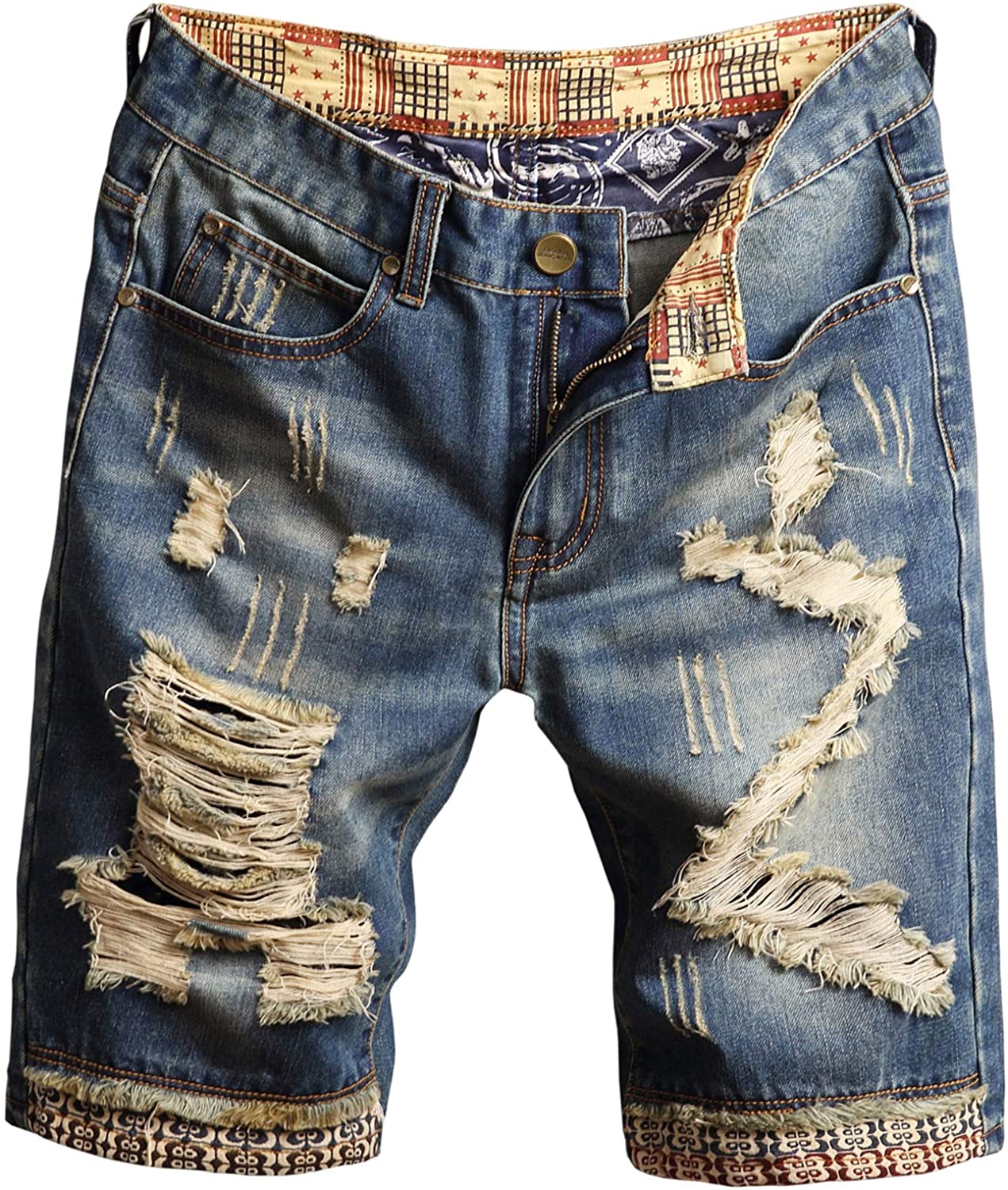 HENGAO Mens Vintage Ripped Holes Mid Rise Washed Jeans Slim Shorts