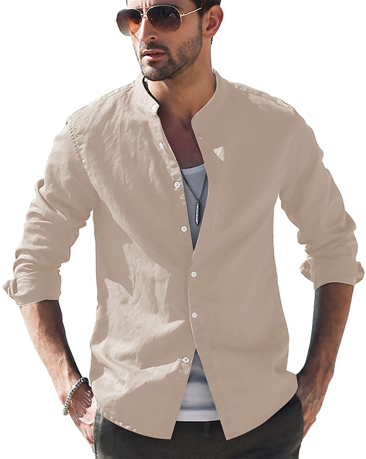 LVCBL Mens Casual Cotton Shirt Long Sleeve Band Collar Henley Shirt Tops 