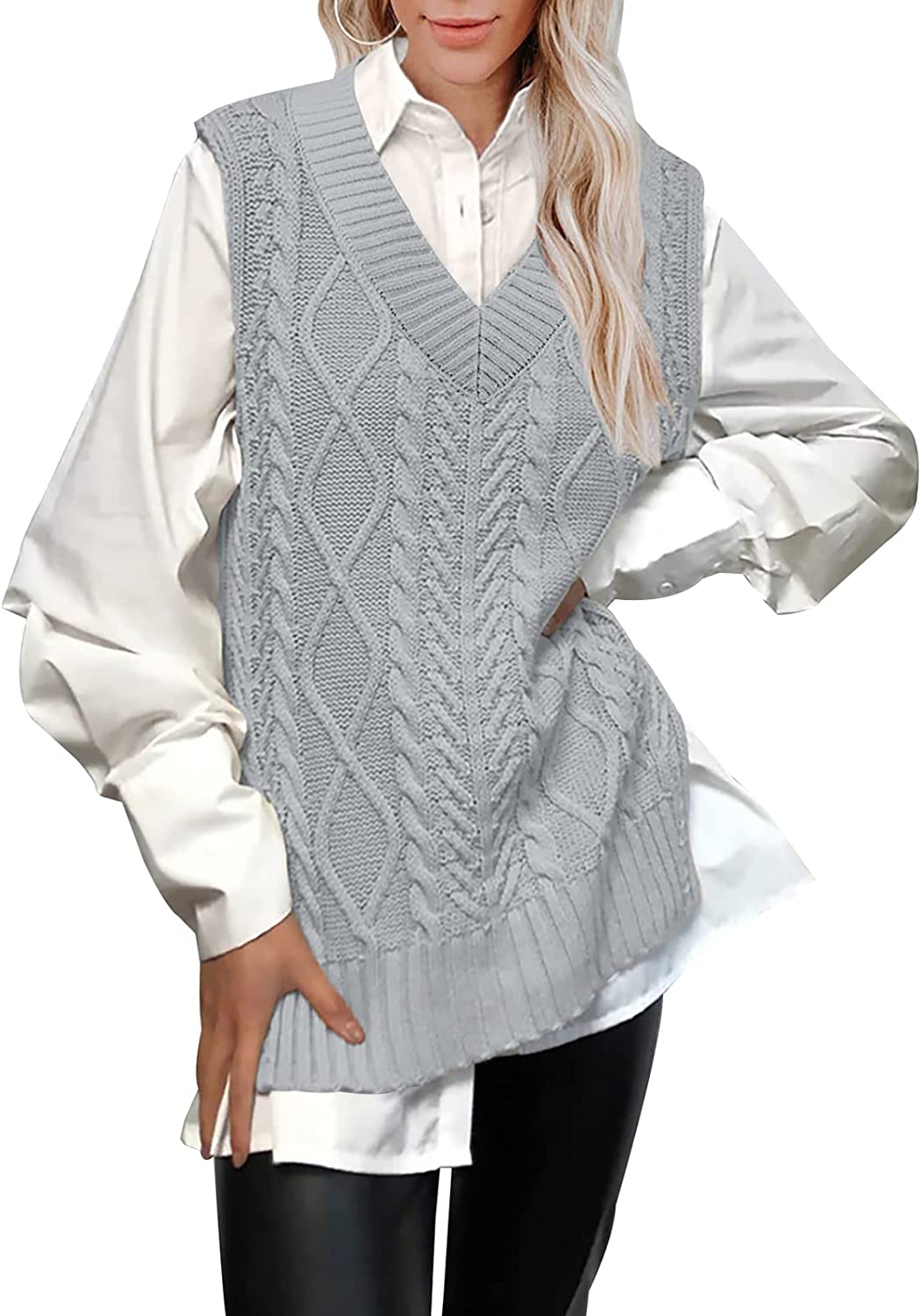 BWQ Women's Oversized Sweater Vest V Neck Sleeveless Plaid Cable