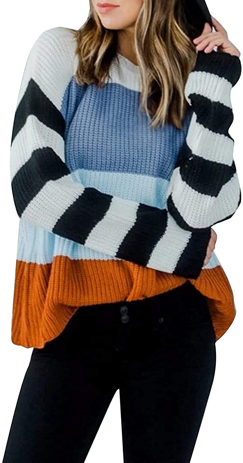 thumbnail 9  - ZESICA Women&#039;s Long Sleeve Crew Neck Striped Color Block Casual Loose Knitted Pu