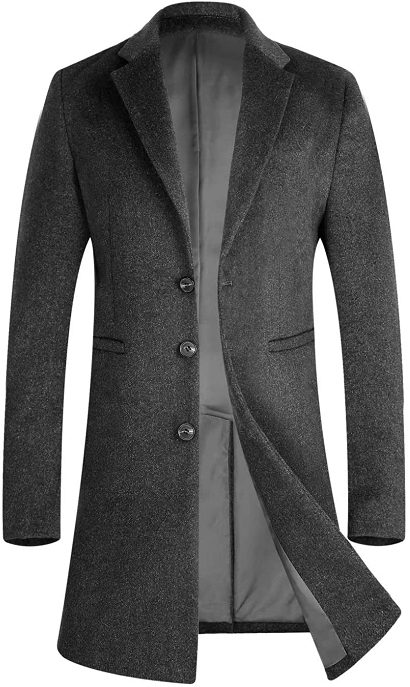 iCKER Mens Trench Coat Winter Wool Blend Jacket Overcoat Long Top Coat ...