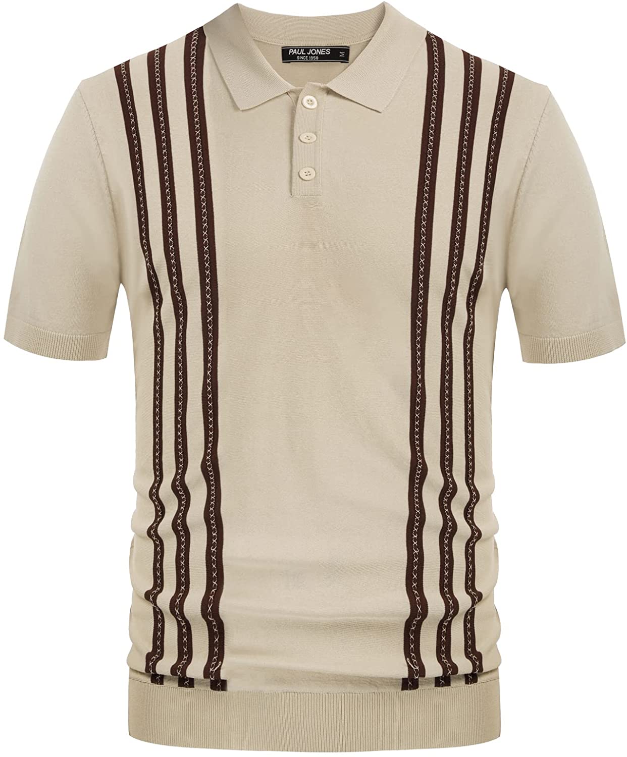 PJ PAUL JONES Men's Stripe Button Down Knit Polo Shirts Short Sleeve Vintage Cardigans 