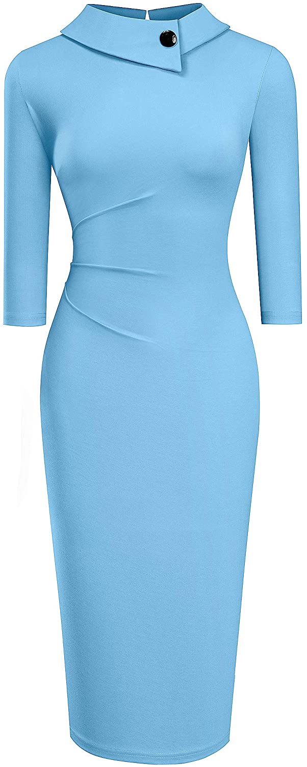 HOMEYEE Womens Vintage Lapel Ruched Bodycon Business Pencil Dress B574