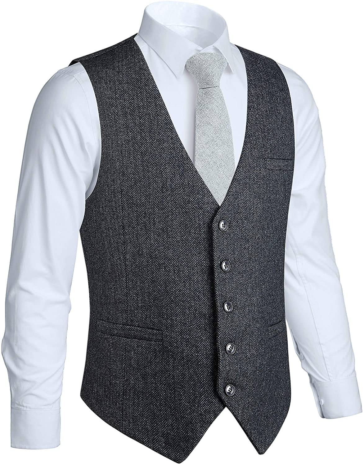 HISDERN Men's Tweed Wool Suit Vest Formal Premium Slim Fit Herringbone Blend Tuxedo Waistcoat for Groom Wedding Party Gray