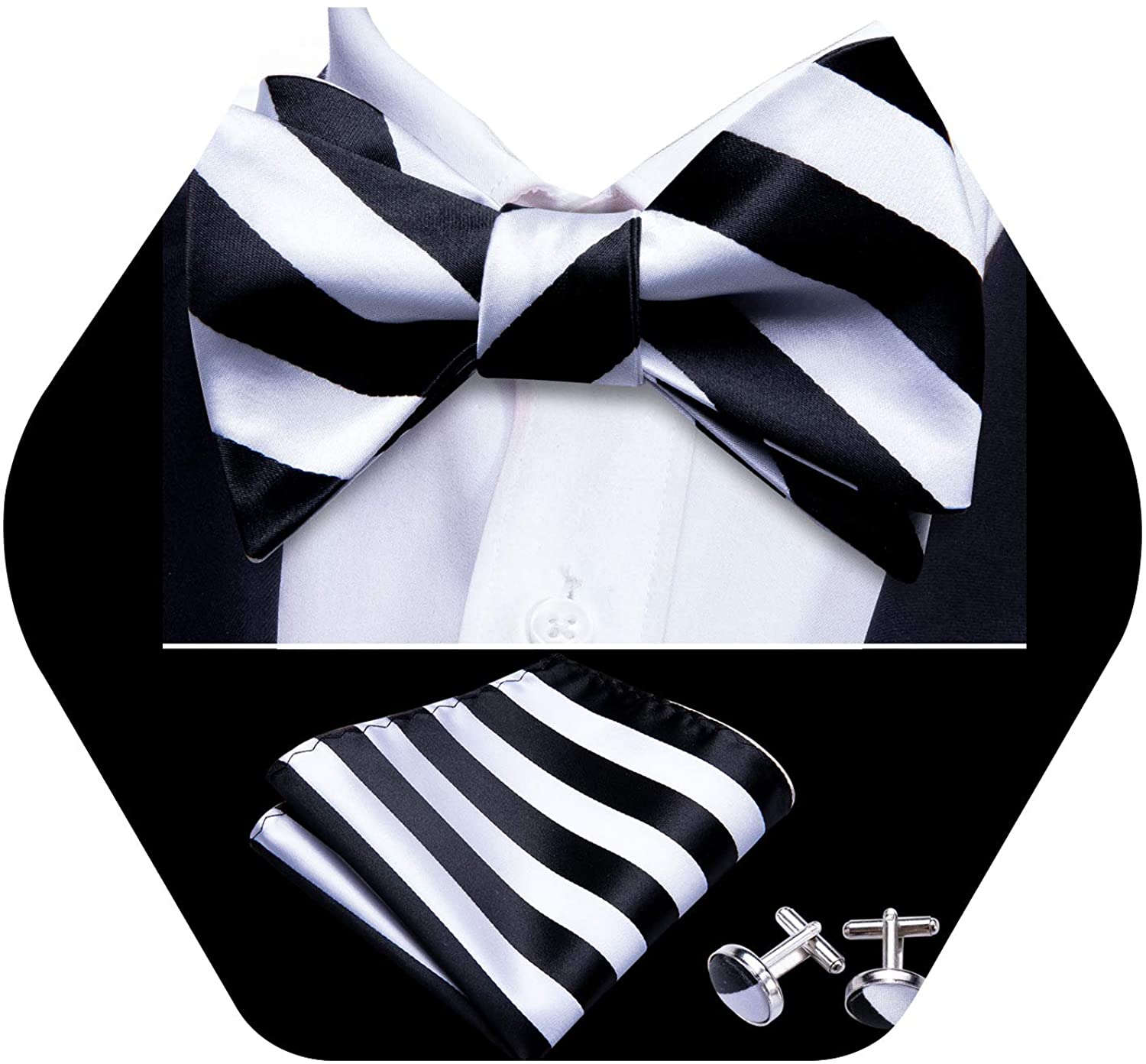 YOHOWA Mens Bow Tie and Pocket Square Set Pretied Silk Bow Tie Cufflinks Set 