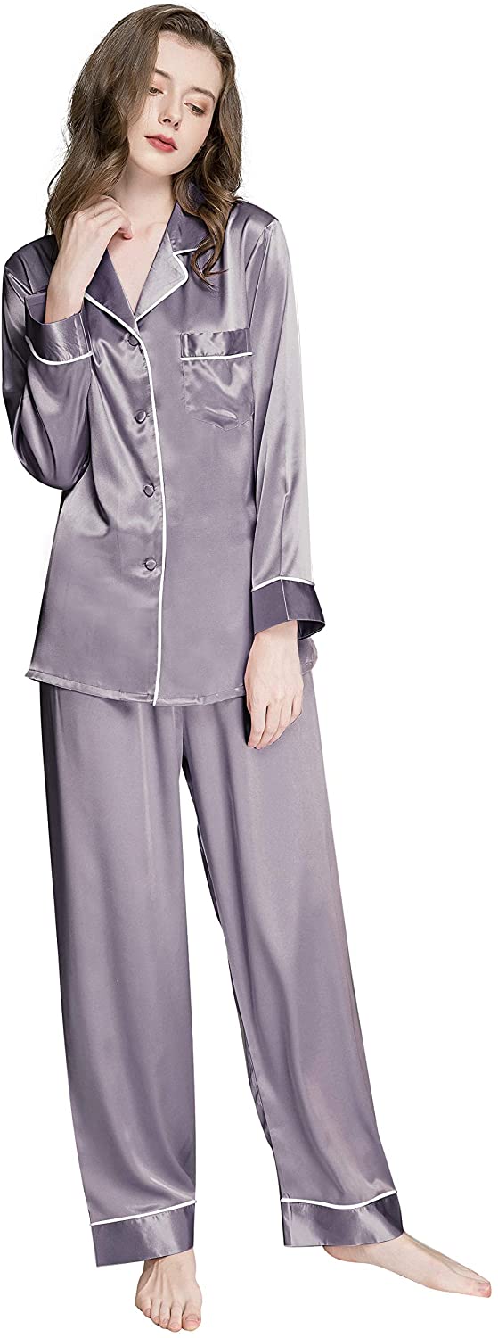 LONXU Womens Silk Satin Pajamas Set Button Down Sleepwear Loungewear XS