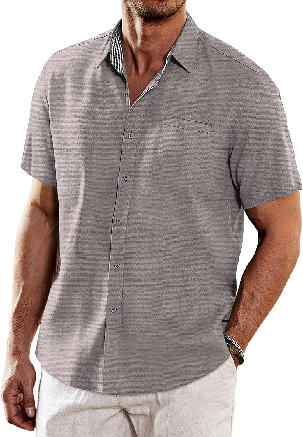 COOFANDY Men's Casual Linen Shirts Short Sleeve Button Down Shirt