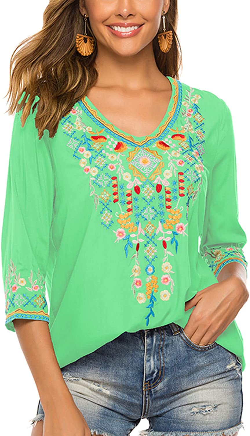 LauraKlein Women's Boho Embroidered Peasant Tops 3/4 Sleeve V Neck Mexican  Bohem