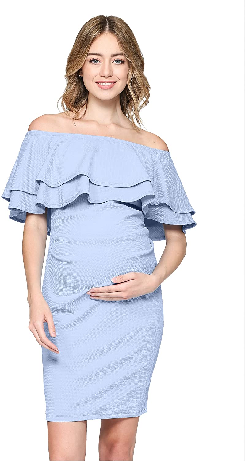 LaClef Womens Off Shoulder Maternity Dress with Double Ruffle 