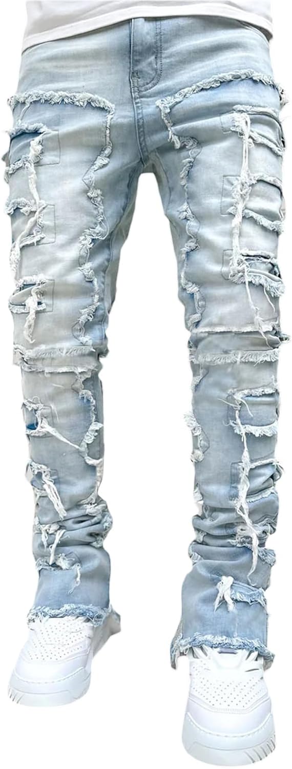 Giraropa Mens Black Stacked Jeans Slim Fit Ripped Jeans Destroyed Straight Denim  Pants Harajuku Hip Hop Trousers Streetwear (B-Light Blue, 28) at   Men's Clothing store