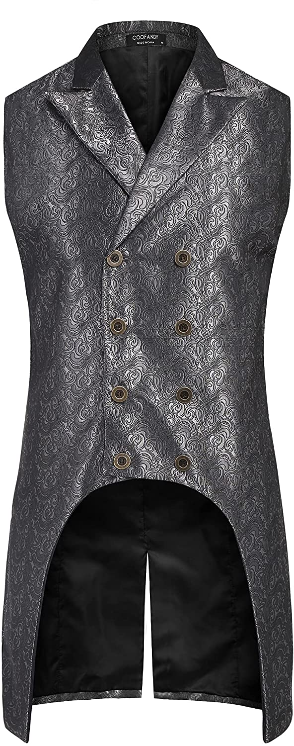 COOFANDY Mens Gothic Steampunk Vest Double Breasted Jacquard Brocade Vest Waistcoat Sleeveless Tailcoat 