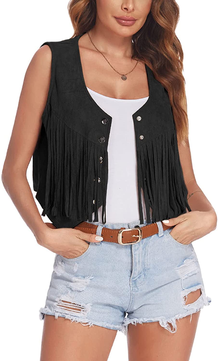 Hotouch Fringe Vest Women Faux Suede Open-Front Vintage Vest