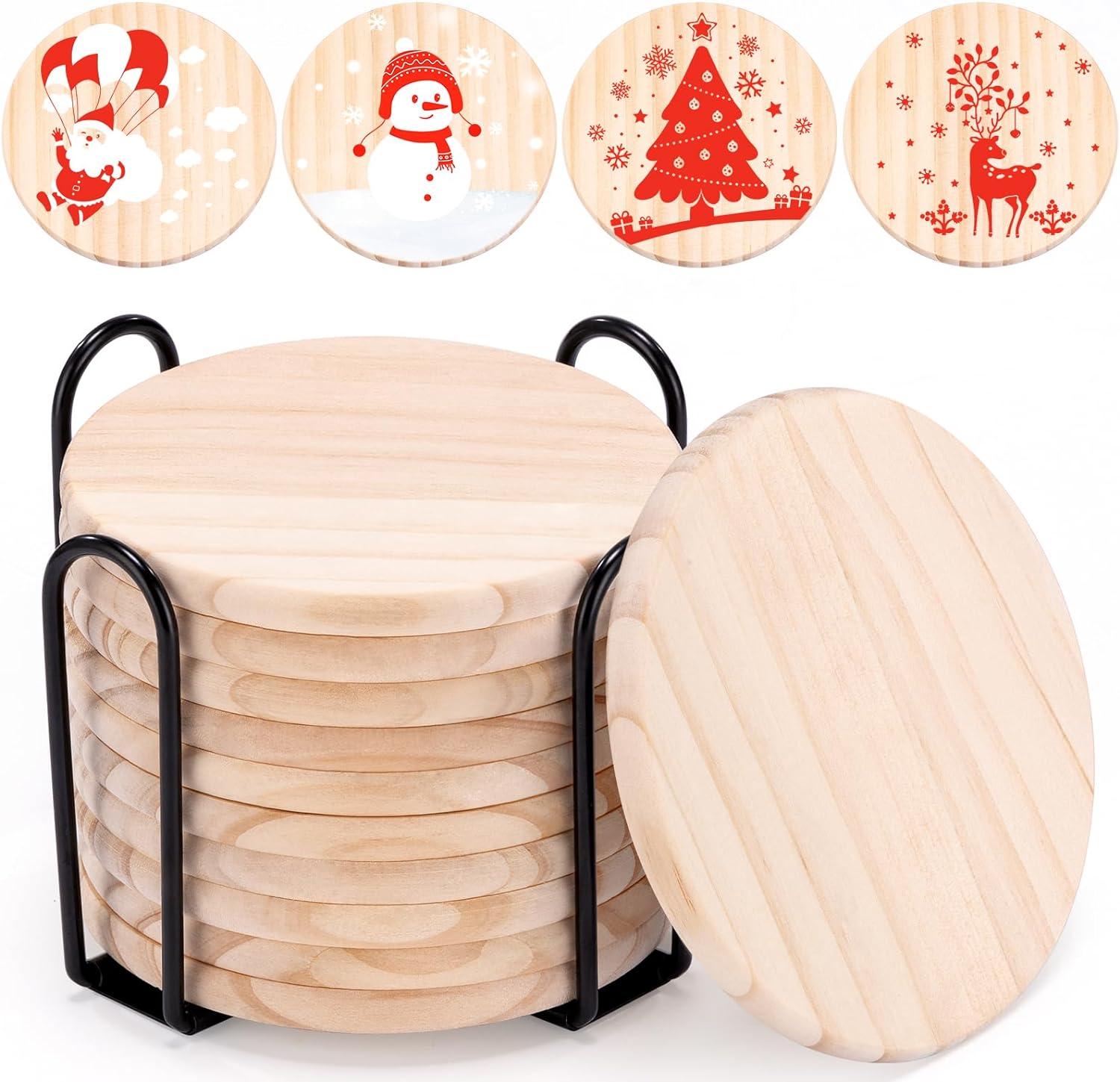 Wood Coasters for Drinks - 8 Pcs Drink Coasters with Holder for Crafts,  Blank Wooden Coasters for Painting, DIY Coasters,Wood Craft Supplies Home